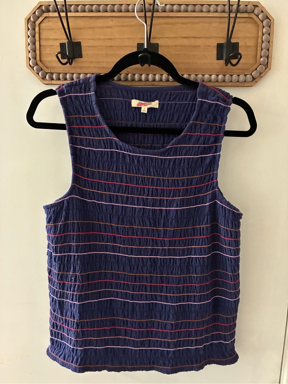 Madewell Size L Texture & Thread Rainbow-Stitch Smocked Tank Top Uniform Blue